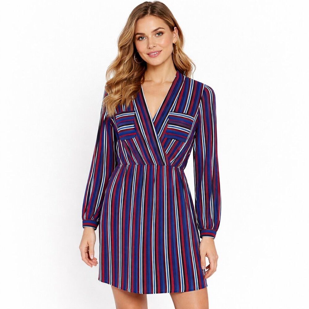 Express women's long-sleeve shirt dress in a red, white, and blue stripe pattern